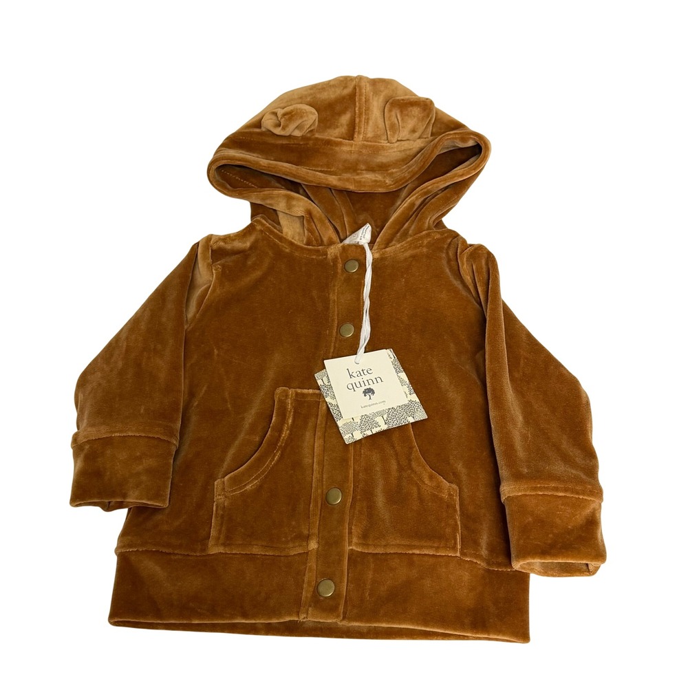 Kate Quinn Kids Brown Organic Cotton Velour Bear Ear Hoodie Jacket 12-18M NWT